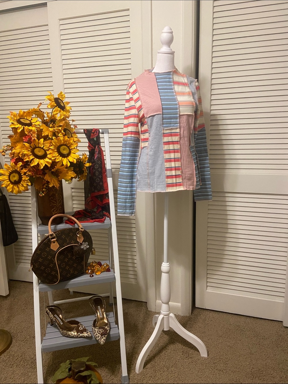 SHEIN Patchwork Striped Long Sleeve Top - Pink, Blue & Cream